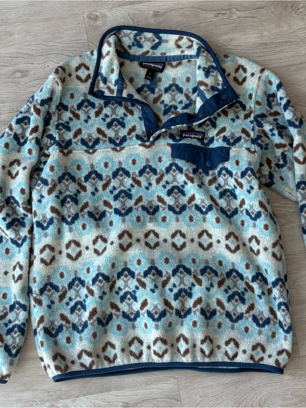 Patagonia Light Blue, Navy & Brown Synchilla Fleece Pullover